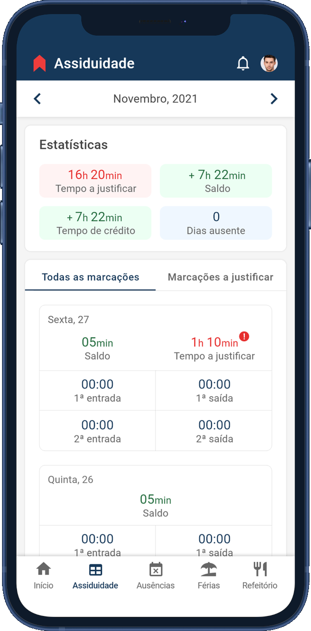 Expert App employee attendance screen, showing balance and time to justify