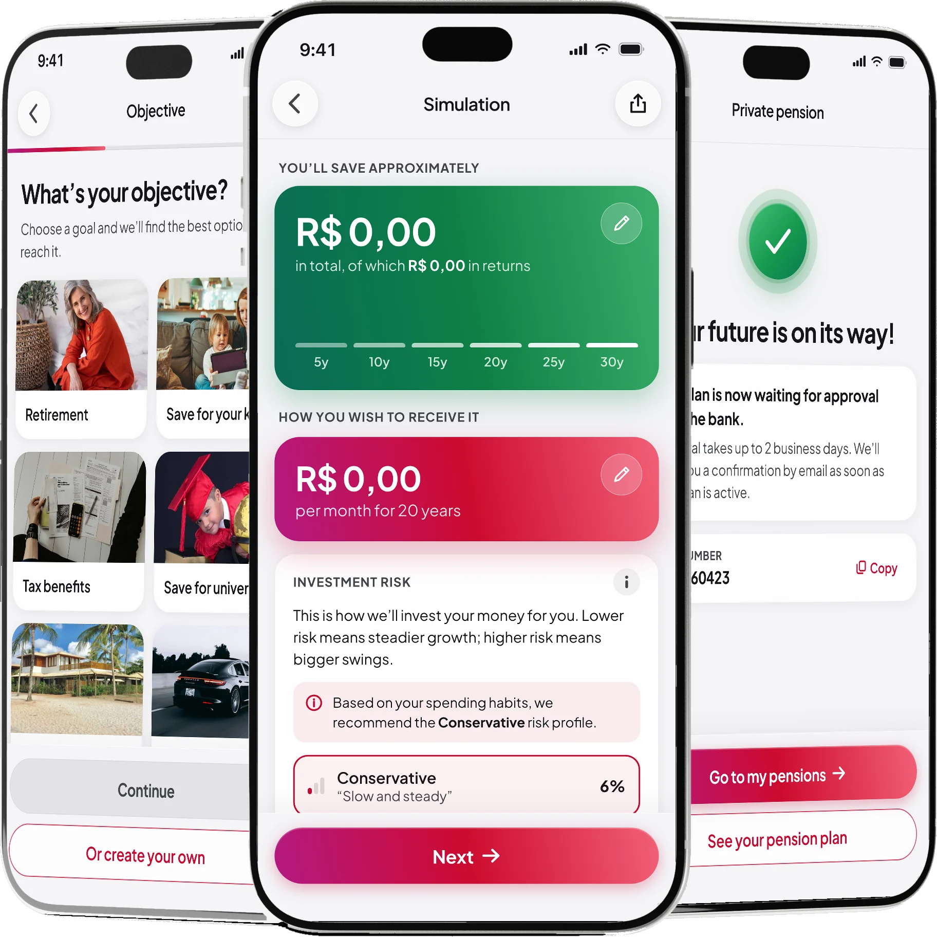 Three phones showing the pension journey: choosing an objective, the simulation, and the confirmation screen