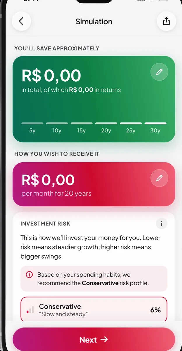 The pension simulation screen